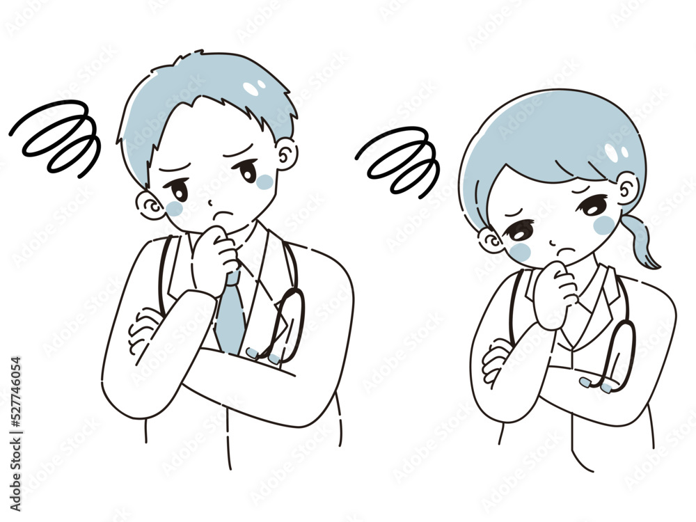 困っている白衣を着た男性と女性のイラスト(聴診器付き) 困っている白衣を着た男性と女性のイラスト(聴診器付き)