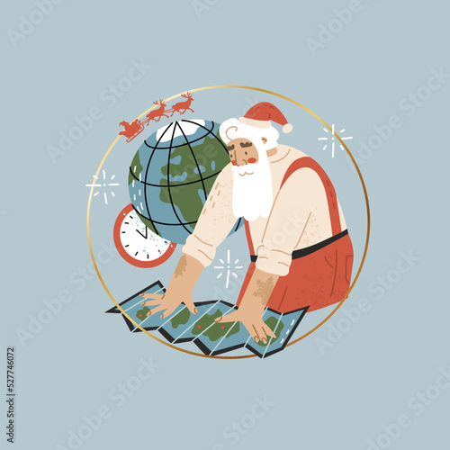 Santa is developing a route for delivering gifts around the world. The concept of timely delivery.Happy New Year, Merry Christmas. Daily routine of Santa Claus before Christmas. Flat style in vector.