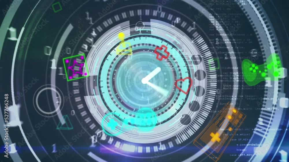 Animation of data processing and gaming icons on black background Animation of data processing and gaming icons on black background