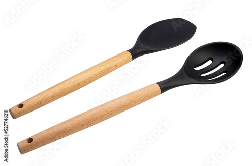 kitchenware black kitchen ladle , Soup ladles, Black silicone plastic spade of frying pan or pot on white background PNG file. © MERCURY studio