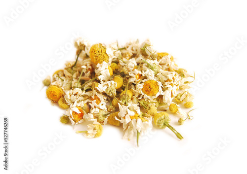 A handful of dried chamomile flowers isolated on white background