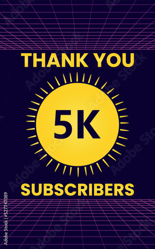 Thank you 5k or 5 thousand subscribers with starburst on retro sci-fi background. Premium design for social site posts, social media story, banner, poster, social media celebration, achievement.