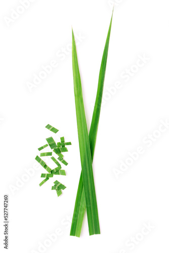 Lemongrass leaf with slices isolated on white background   top view   flat lay.