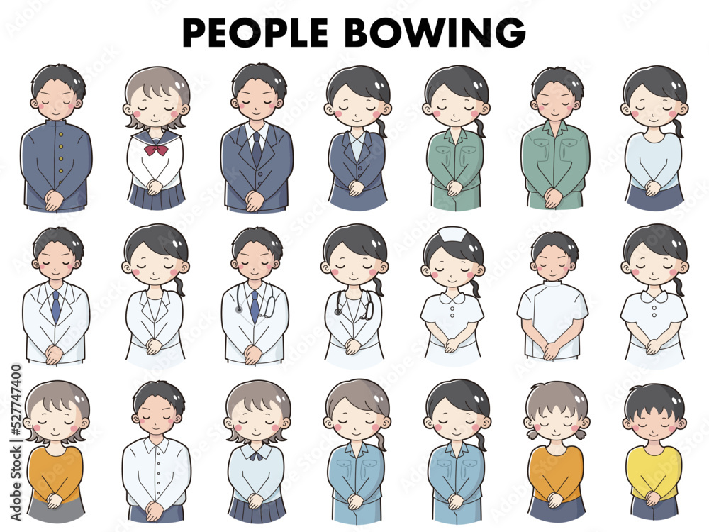 お辞儀をする様々な人物のイラストセット お辞儀をする様々な人物のイラストセット