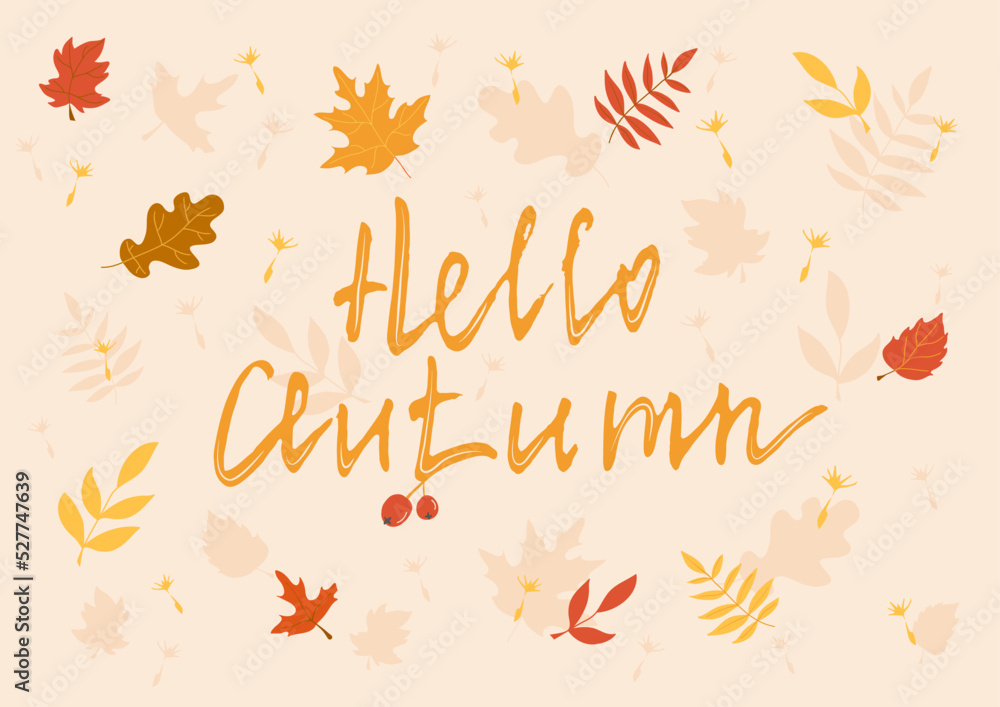 Fall background with hand drawing lettering and leaves. Hello autumn. Botanical vector illustration, template for card or invitation. Fall background with hand drawing lettering and leaves. Hello autumn. Botanical vector illustration, template for card or invitation.
