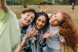 Happy friends having fun taking group selfie portrait on city park. Taking selfies together. Memories and vivid impressions, group of young friends. Summer