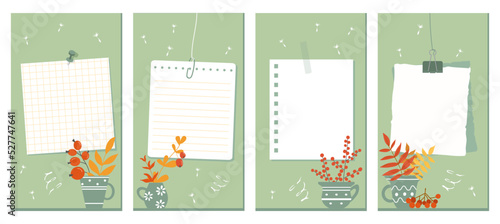 Social Media Stories Layout Set. Autumn leaves and berries in mugs on a green background. White pages of notebooks pinned or taped to the wall. Vector illustration, flat style.