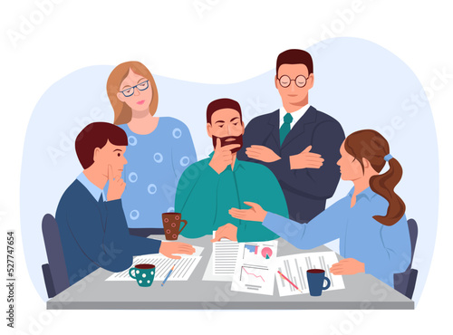 Men and women discuss business issues at the table. There are documents on the table. Colleagues solve work problems. Teamwork. Vector illustration, flat style
