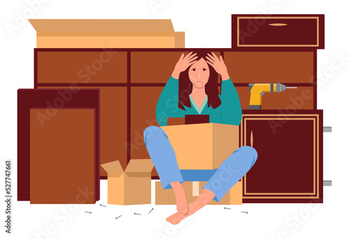 A sad girl sits on a box with her head in her hands. In the background is a disassembled wardrobe. Young woman assembling furniture. Vector illustration in flat style on a white background.