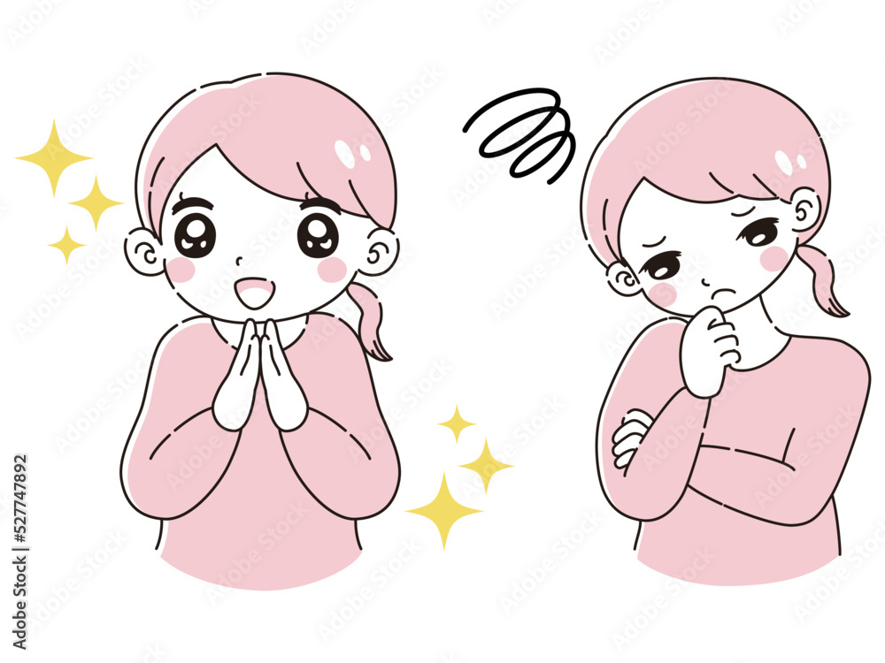 ときめきの表情と困っている表情の女性 イラストセット ときめきの表情と困っている表情の女性 イラストセット