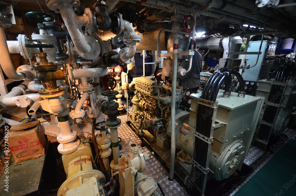 Engine room of Japanese Sailing ship MIRAIE cruse. Miraie, formerly Akogare. was built in 1993 by the city of Osaka.