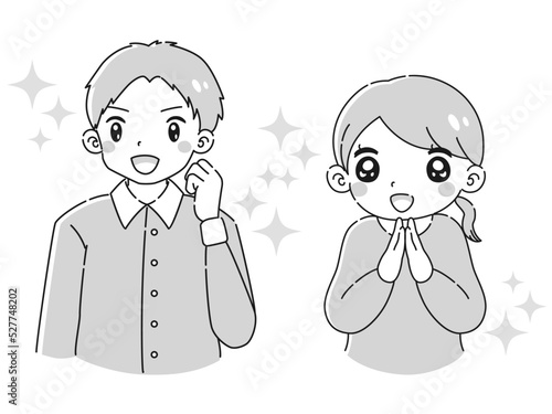 ガッツポーズをする男性とときめく女性のイラストセット