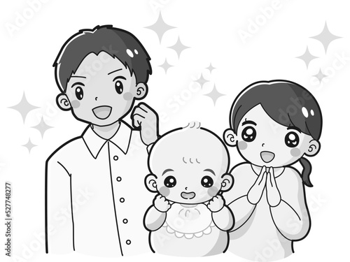赤ちゃんのいる家族が喜んでいるイラスト