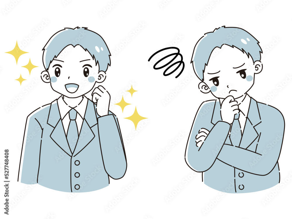 ときめきの表情と困っている表情のスーツを着た男性 イラストセット ときめきの表情と困っている表情のスーツを着た男性 イラストセット