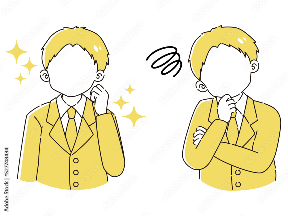 ときめきの表情と困っている表情のスーツを着た男性　イラストセット