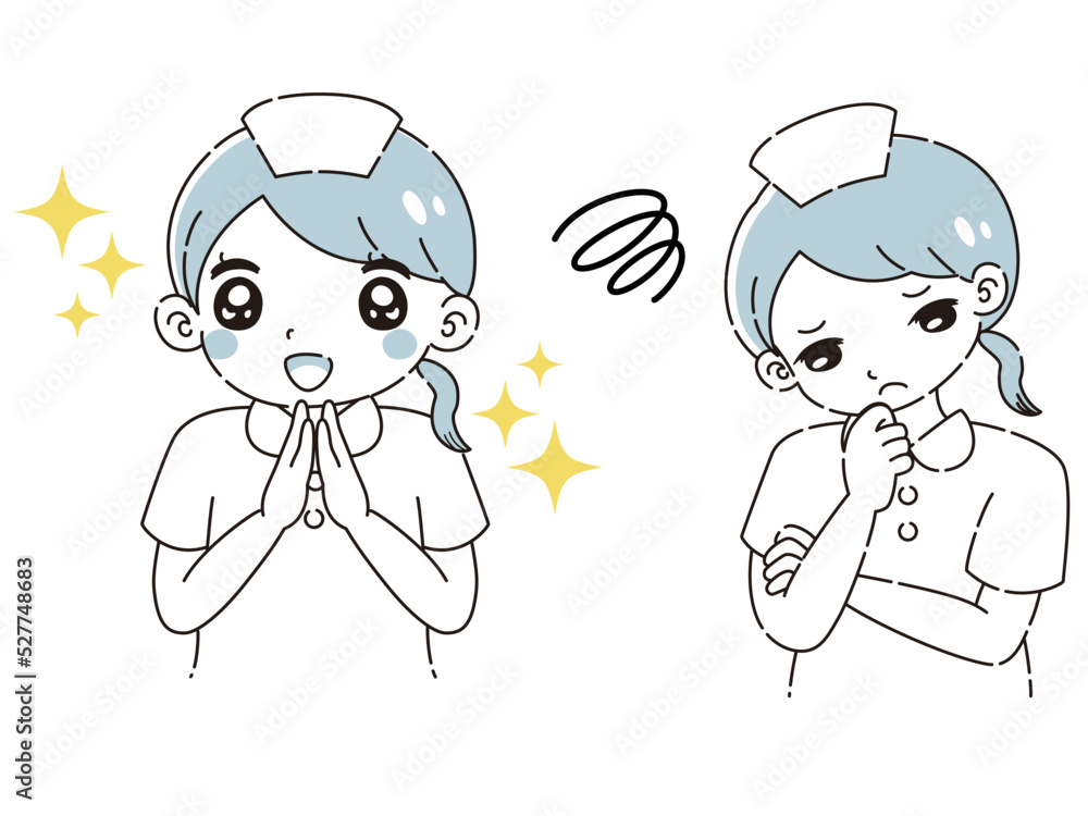 ときめきの表情と困っている表情の白衣を着た女性 イラストセット ときめきの表情と困っている表情の白衣を着た女性 イラストセット