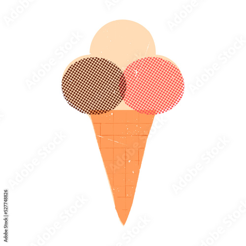 Retro style ice cream in a waffle cone with 3 scoops, chocolate, vanilla, strawberry taste. Vector dessert illustration.