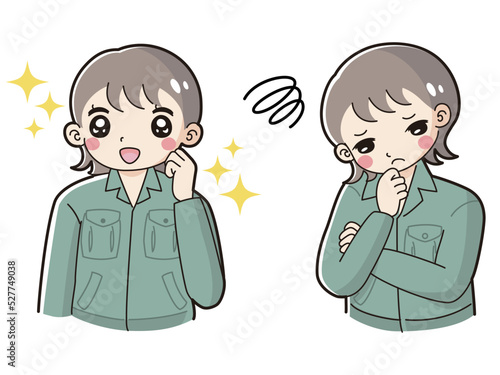ときめきの表情と困っている表情の作業服を着た女性　イラストセット