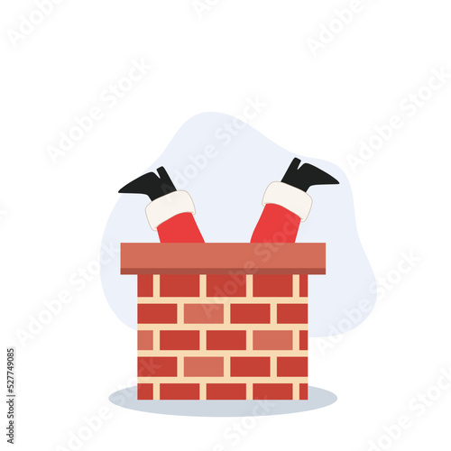Santa claus with sack of gift box is tring to get in chimney. Vector illustration.
