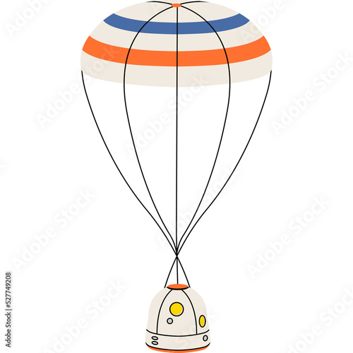 Capsule with parachute in png line flat style. Spacecraft or ship, scientific modern technology, astronomy, cosmos, return to Earth, ejection, mission. Trendy cartoon illustration sticker, icons.