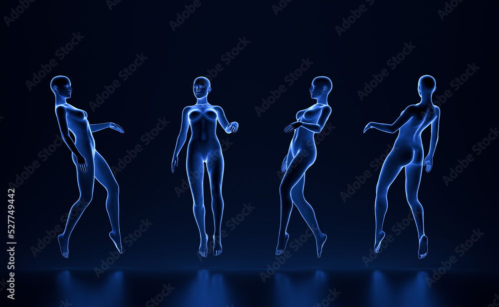 technological transparent female hologram anatomy body in a beautiful aesthetic pose - 3d illustration of woman set in x ray view