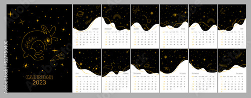 esoteric star calendar for 12 months of 2023. Black calendar with constellations and rabbit. Hare among the stars of the konepiya calendar