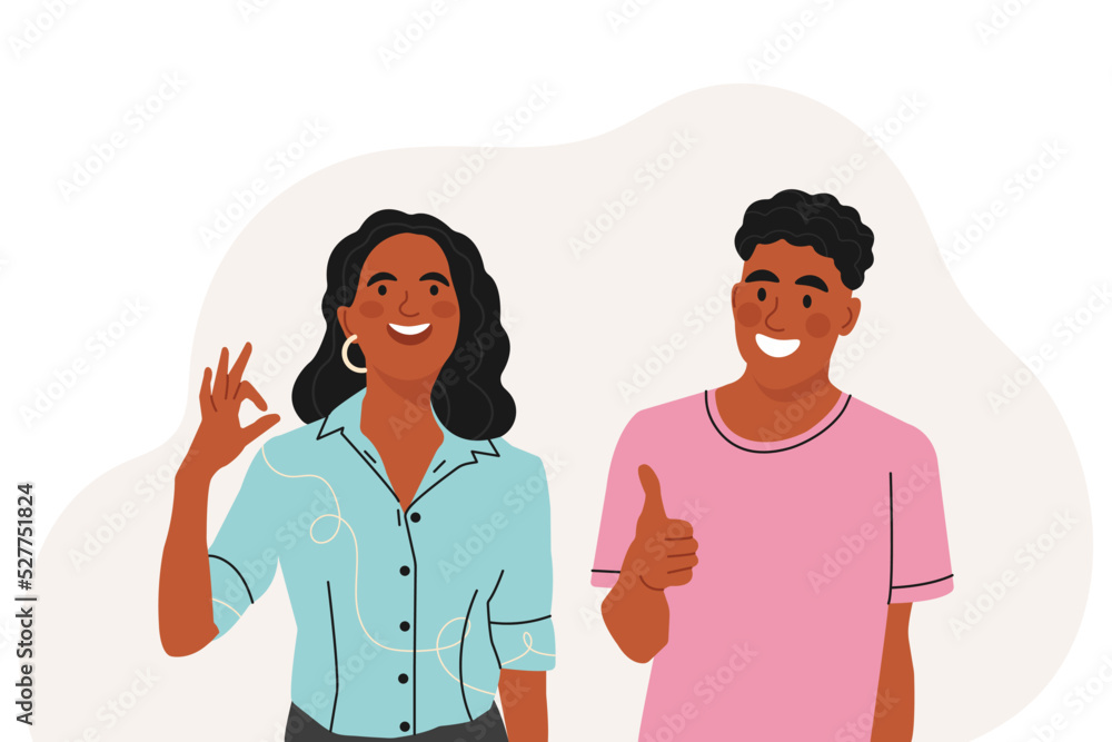 Smiling african american young People Gesturing in Gratitude, positive Feedback. Acknowledgement and Gratitude. Flat vector illustration. Smiling african american young People Gesturing in Gratitude, positive Feedback. Acknowledgement and Gratitude. Flat vector illustration.