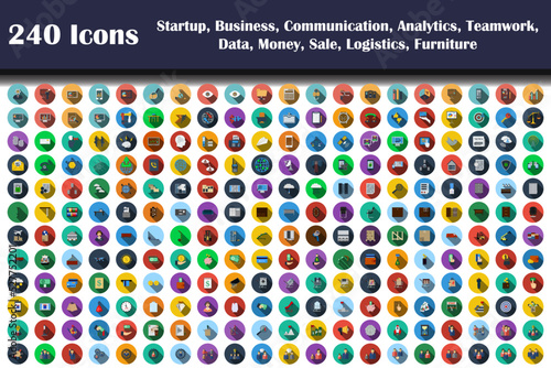 240 Icons Of Startup, Business, Communication, Analytics, Teamwork, Data, Money, Sale, Logistics, Furniture
