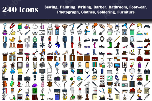 240 Icons Of Sewing, Painting, Writing, Barber, Bathroom, Footwear, Photograph, Clothes, Soldering, Furniture