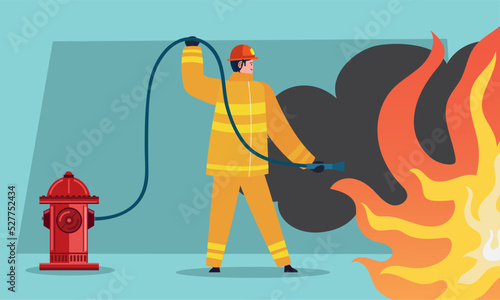 fireman with hose and hydrant