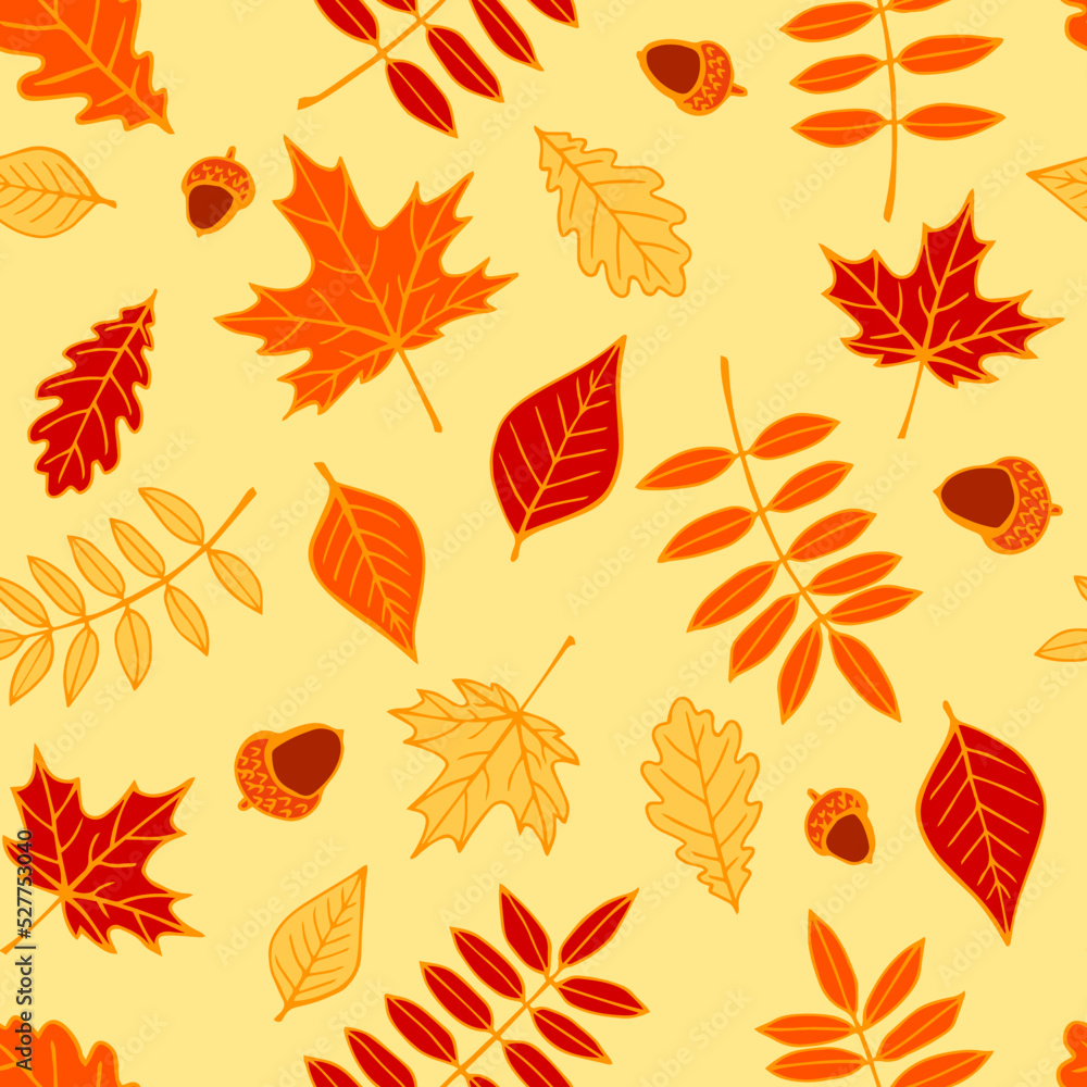 Fototapeta premium Seamless pattern with autumn leaves. Hand drawn vector illustration.