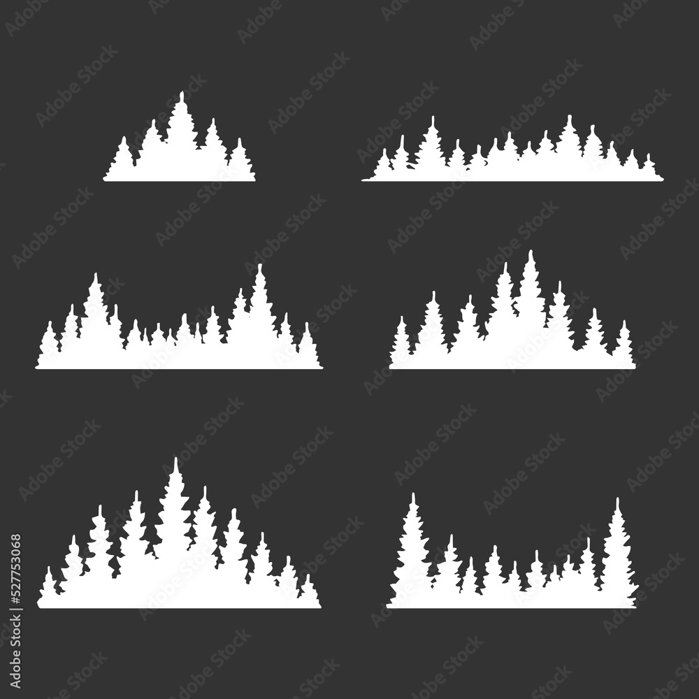 Set of pine trees forest silhouette isolated on white background. Hand drawn vector illustration.