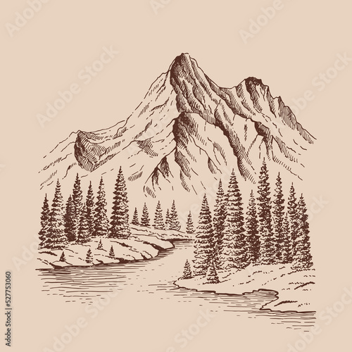 Mountain with pine trees and lake landscape. Hand drawn illustration converted to vector.