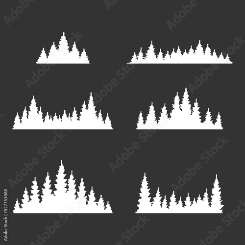Set of pine trees forest silhouette isolated on white background. Hand drawn vector illustration.