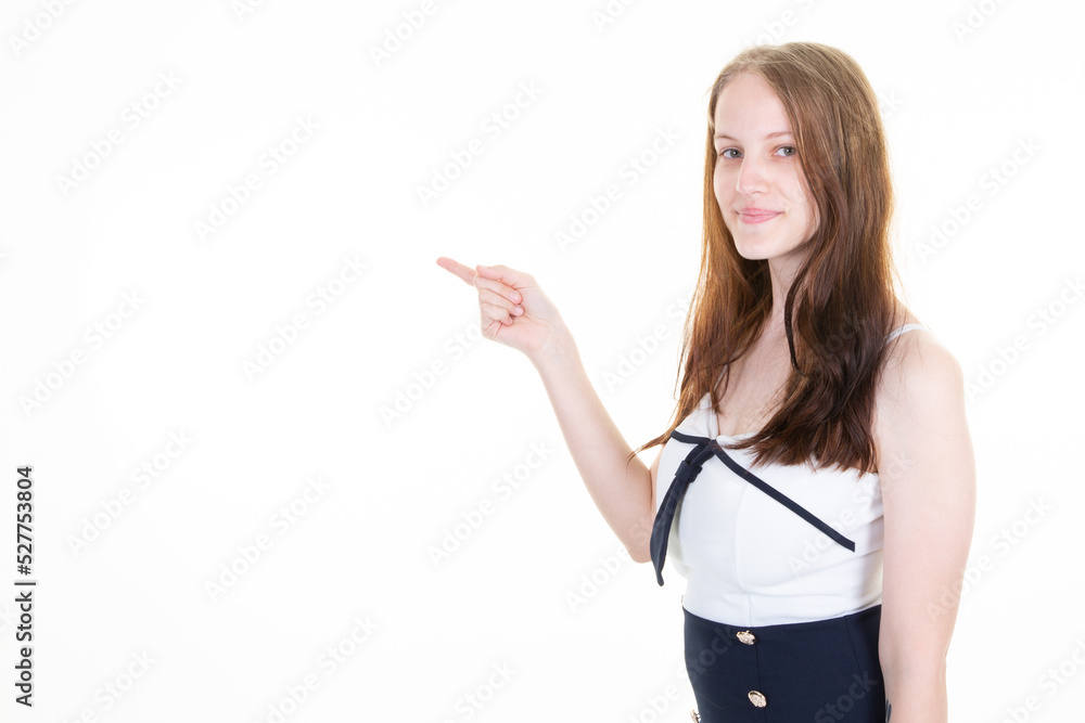 woman seller points at right side left fingers on blank space with beauty face expression isolated on white background copy space empty blank woman seller points at right side left fingers on blank space with beauty face expression isolated on white background copy space empty blank