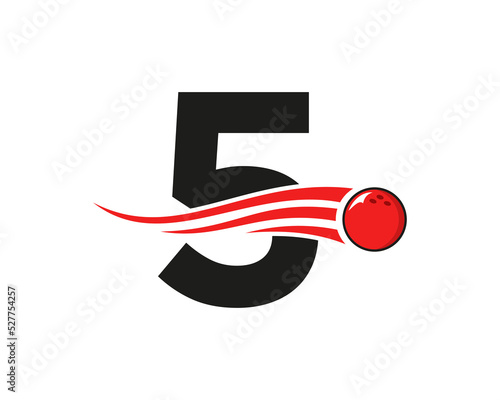 Letter 5 Bowling Logo. Bowling Ball Symbol With Red Moving Ball Vector Template