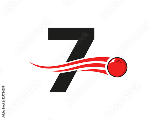 Letter 7 Bowling Logo. Bowling Ball Symbol With Red Moving Ball Vector Template