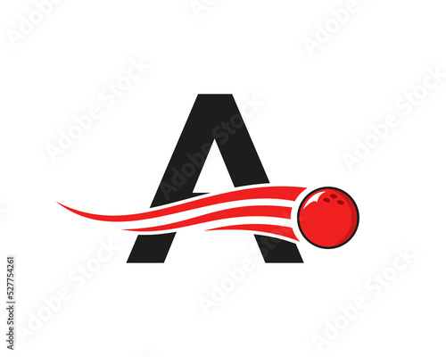 Letter A Bowling Logo. Bowling Ball Symbol With Red Moving Ball Vector Template