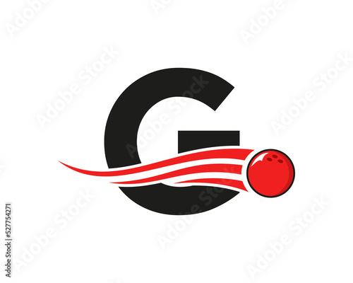 Letter G Bowling Logo. Bowling Ball Symbol With Red Moving Ball Vector Template