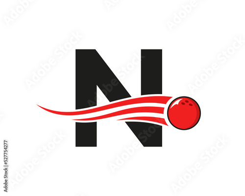 Letter N Bowling Logo. Bowling Ball Symbol With Red Moving Ball Vector Template