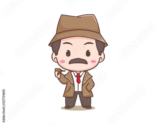 Cute detective cartoon mascot character. Chibi illustration vector art. Profession Icon Concept Isolated. Flat logo Cartoon Style