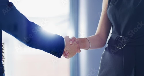 Welcome handshake, business networking and deal, agreement and partnership collaboration in office. Hiring promotion, meeting negotiation and shaking hands with trust, support and b2b sales success photo