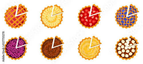 A set of cakes and pies.Fresh pastries top view with different flavors and fillings.Vector illustration.