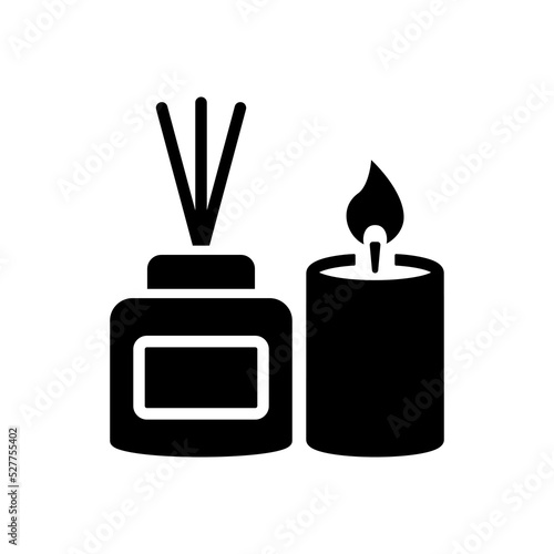 Scented Candle and Reed Diffuser Oil Silhouette Icon. Aromatherapy Pictogram. Aroma Therapy Stick and Fragrance Candle in Glass Black Icon. Isolated Vector Illustration