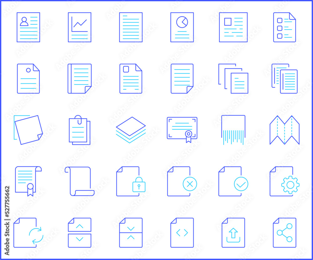Simple Set of paper Related Vector Line Icons. Contains such Icons as report, document, file, attachment, shredder, stationery, notes, paperclip and more.