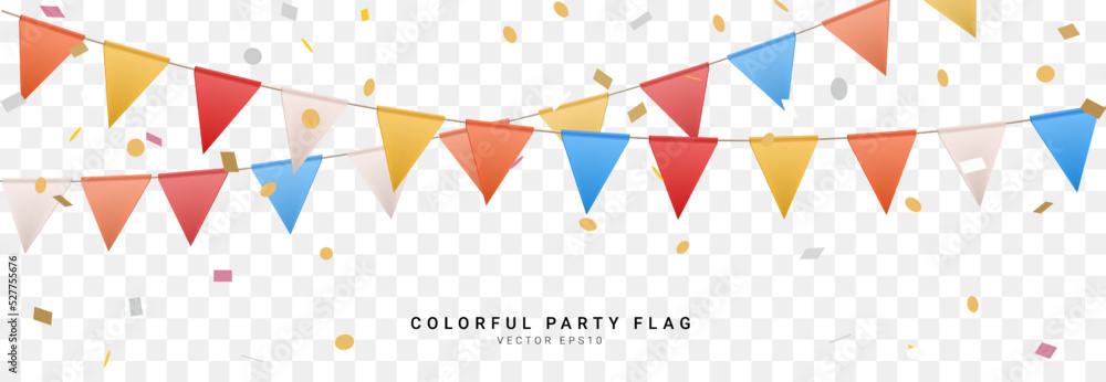 colorful 3D triangle flag party with confetti on transparent background, decoration element, Vector illustration - obrazy, fototapety, plakaty 