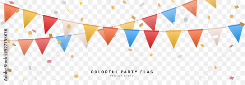 colorful 3D triangle flag party with confetti on transparent background, decoration element, Vector illustration