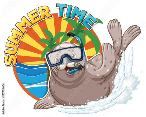 Seal cartoon character with summer time