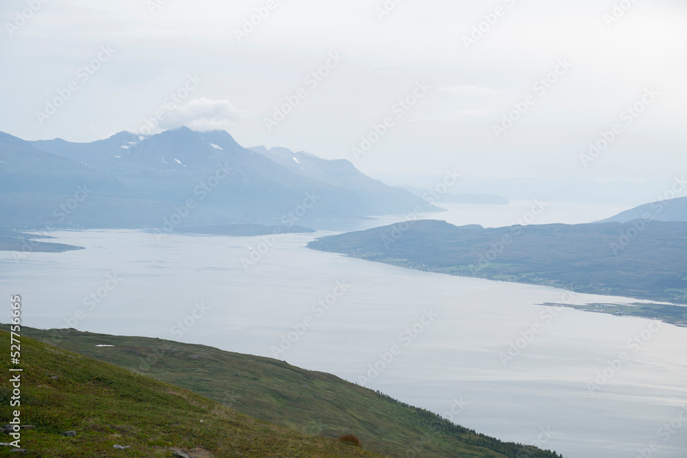 landscape view of the city of Tromso seen from Fjellheisen mountain (Norway)