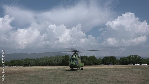 The  IAR 330 Puma SOCAT helicopter take off at the air show at the Stanesti aerodrome, Gorj, Romania photo